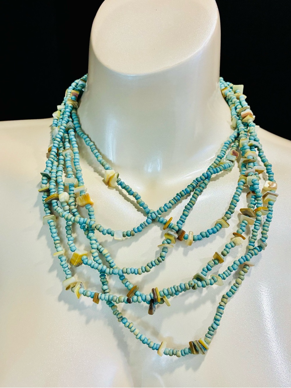 Multi-Strand Turquoise Bead and Shell Necklace - Turquoise Coastal Mermaid